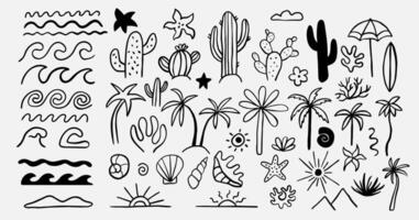 Set of beach outline elements in doodle style. Abstract palm and cactus vector
