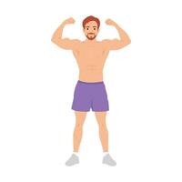Young man with a muscular build is shown with his arms raised in the air. vector