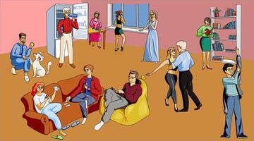 A group of people in a room doing various things. playing, reading books, rehearsing a dance. everyone is busy with their own business. illustration vector