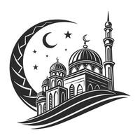 Silhouette of a Mosque, Crescent Moon, Stars, and Lanterns, Ideal for Ramadan vector