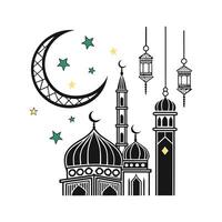 This stylized black and white silhouette of a mosque, complete with a crescent moon and stars, evokes a sense of peace, spirituality, and Islamic culture. vector