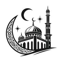 A stylized, black and white vecto graphic of a mosque, situated on a stylized hill or mound. vector