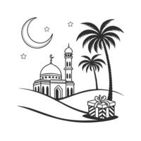 graphic showcases a beautiful mosque at night, framed by a crescent moon and stars. vector