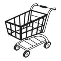 ine art graphic depicts a shopping cart from a three-quarter angle, showing the basket, handle, and wheels. vector