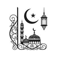 A stylized, black and white silhouette of a mosque, showcasing intricate architectural details. vector
