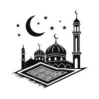 Mosque Silhouette with Crescent Moon and Lantern, Ideal for Ramadan vector