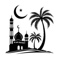 Islamic Mosque Silhouette with Crescent Moon and Stars in Decorative Circle vector