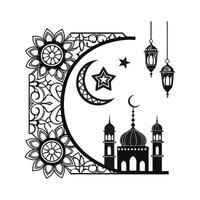 Black and White Mosque Silhouette with Crescent Moon and Stars vector