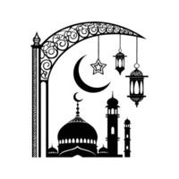 mosque, crescent moon, stars, and hanging lanterns. vector