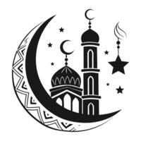 Islamic Mosque Silhouette with Crescent Moon and Lantern, Ideal for Ramadan vector