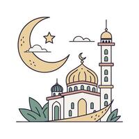 silhouette of a mosque, crescent moon, and stars creates a peaceful and elegant image suitable for Islamic celebrations, especially Ramadan or Eid. vector