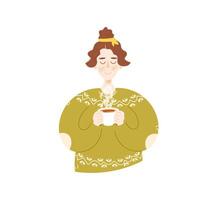 Smiling young girl in warm sweater holding cup of tea or coffee. Hand drawn flat cartoon style character isolated on white background vector