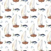 Seafaring in watercolor nautical pattern. Sailing ship and fish tuna hand drawn seamless design. Fish and boat on background isolated. Marine life element for textile, packaging, printed products. vector