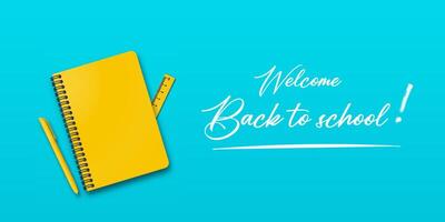 Holiday for students. Back to school banner with a notebook and pen on a turquoise or light blue background. Includes handwritten back to school message and space for text. vector