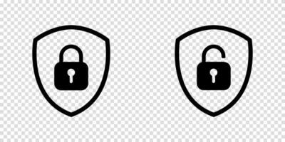 Shield lock and unlock icon set. Padlock signs representing safety and protection. vector