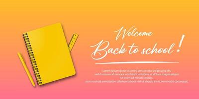 Back to school poster design. Holiday theme for students featuring a notebook and pen on an autumn background with handwritten back to school message. vector