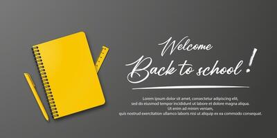 Education banner for students. Back to school theme with a notebook and pen on a black background. Includes handwritten back to school text vector
