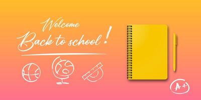 Holiday banner for back to school. Features a notebook and pen on an autumn background. Space for text and handwritten back to school note. vector