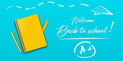 Holiday banner for back to school. Features a notebook and pen on a turquoise or light blue background. Space for text and handwritten back to school note. vector