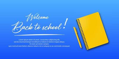 Back to school concept for students. Holiday banner featuring a notebook and pen on a blue background with space for text and handwritten back to school note. vector