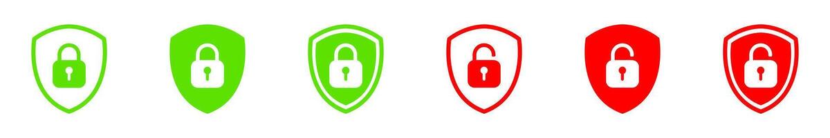 Set of shield icons with a green closed padlock and a red open padlock. Symbols representing security and accessibility. vector