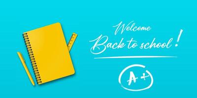 Holiday for students. Education poster with a notebook and pen on a turquoise or light blue background. Handwritten back to school text and space for additional details. vector