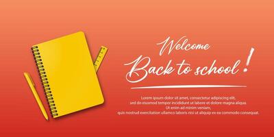 Holiday for students. Education poster with a notebook and pen on an autumn background. Handwritten back to school text and space for additional details. vector