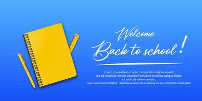 Holiday for students. Back to school design with a notebook and pen on a blue background. Handwritten back to school text and space for text included. vector