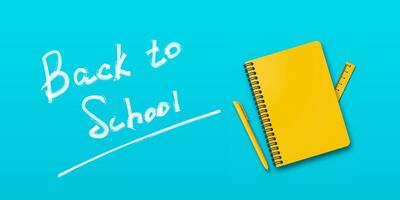 Education poster for students. Back to school holiday design with a notebook and pen on a turquoise or light blue background. Handwritten back to school text included. vector