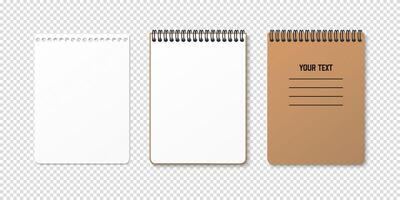 Set of three horizontal spiral notebooks with blank pages. Ideal for showcasing text or designs. Minimal top view clipart. vector