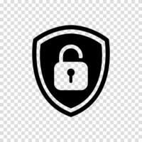 Shield and open padlock symbol. Unlock icon for safety and access concepts. vector