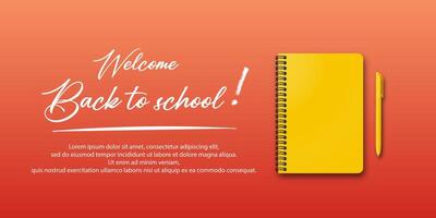 Back to school holiday for students. Banner with a notebook and pen on an autumn background. Handwritten back to school text. Space for text. Education design. vector