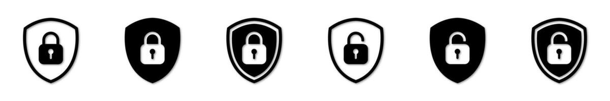 Padlock shield icon set with lock and unlock designs. Symbols of security and privacy concepts. vector