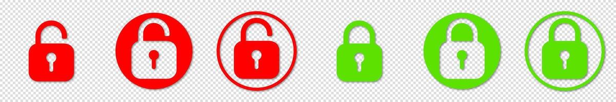 Set of safety icons with a red open padlock and a green closed padlock. Lock symbols representing secure and unlocked states. vector