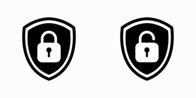 Shield padlock icon set with lock and unlock options. Safety symbols for various protection concepts. vector