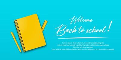 Back to school concept. Holiday design featuring a notebook and pen on a turquoise or light blue background. Handwritten back to school text with space for additional information. vector