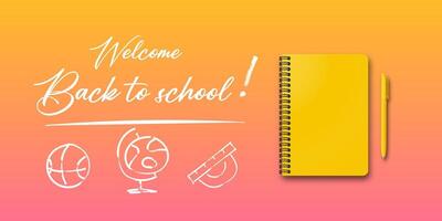 Back to school concept. Holiday design featuring a notebook and pen on an autumn background. Handwritten back to school text with space for additional information. vector
