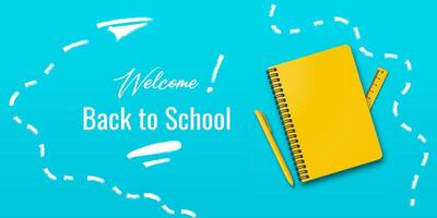 Back to school banner for students. Notebook and pen on a turquoise or light blue background with handwritten back to school text and space for writing. vector