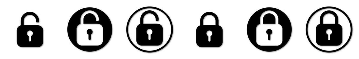 Collection of safety icons featuring open and closed padlocks. Lock symbols representing security and protection. vector