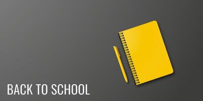 Holiday design for students. Back to school banner with a black background, notebook, and pen. Space for text and handwritten back to school text. vector