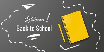 Back to school banner for students. Features a notebook and pen on a black background. Includes space for text and handwritten back to school message. vector
