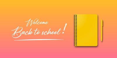 Education banner for students. Back to school holiday design with an autumn background. Includes a notebook, pen, and handwritten back to school text. vector