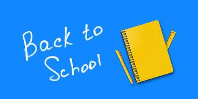 Back to school poster for students. Features a notebook and pen on a blue background with handwritten back to school message and space for writing. vector
