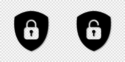 Collection of shield icons with padlocks. Lock and unlock designs for security illustrations. vector