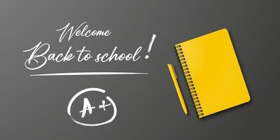 Back to school concept with a notebook and pen on a black background. Holiday banner with space for text and handwritten back to school note. vector