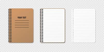 Vertical spiral notebook with blank, clean pages. Three variations displayed. vector