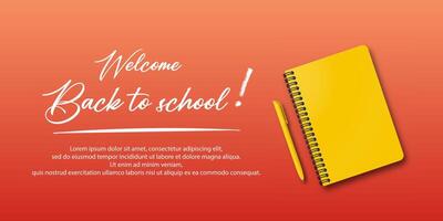 Holiday concept for students. Back to school theme with a notebook and pen on an autumn background. Includes handwritten back to school message and space for text. vector