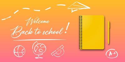 Back to school banner for students. Notebook and pen on an autumn background with handwritten back to school text and space for writing. vector