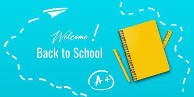 Back to school poster design. Holiday theme for students featuring a notebook and pen on a turquoise or light blue background with handwritten back to school message. vector