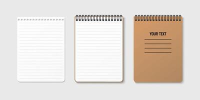 Set of three horizontal spiral notebooks with empty sheets. Illustration, top down perspective. vector